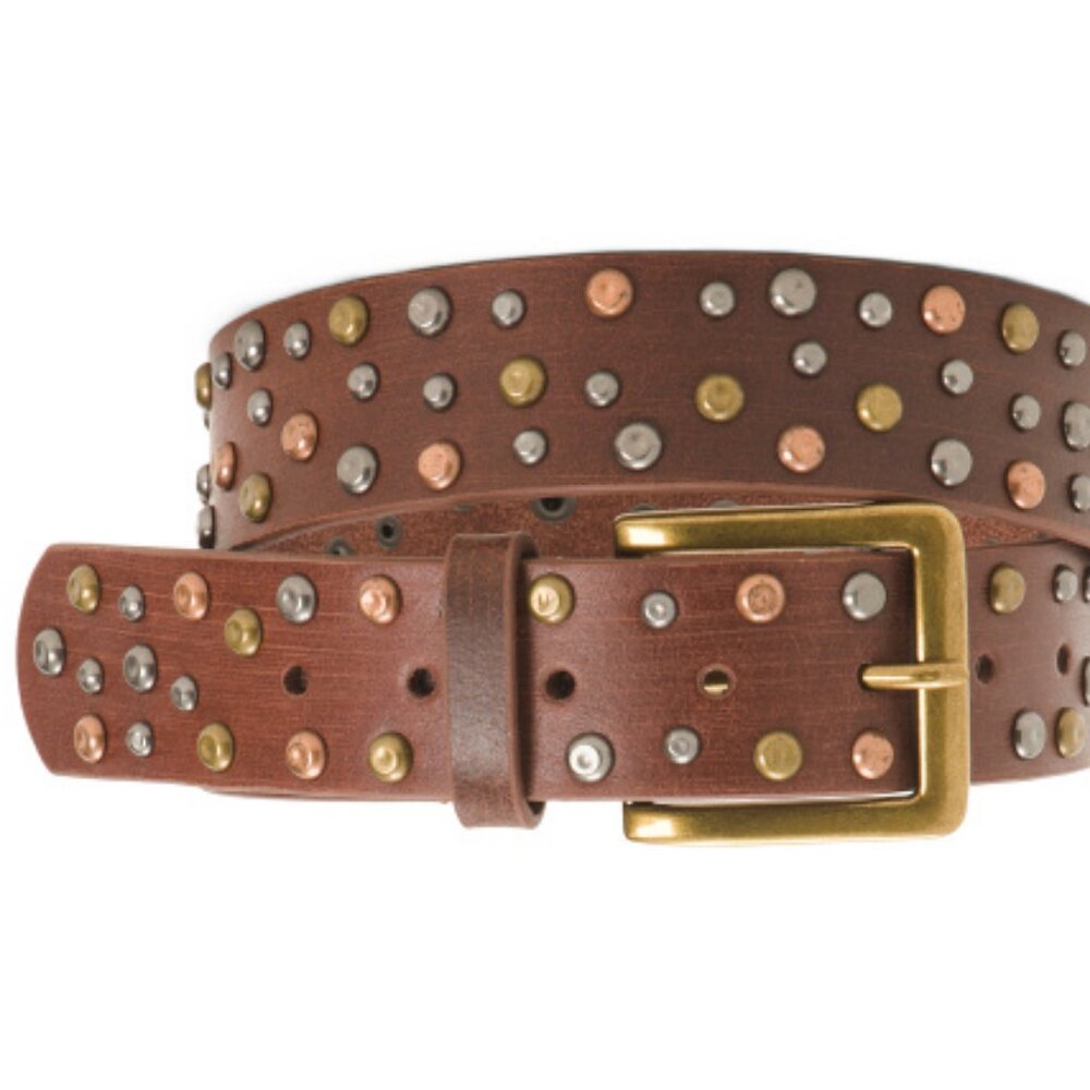 MOST WANTED Brown 3 tone metal Distressed Studded Leather Belt   1M8